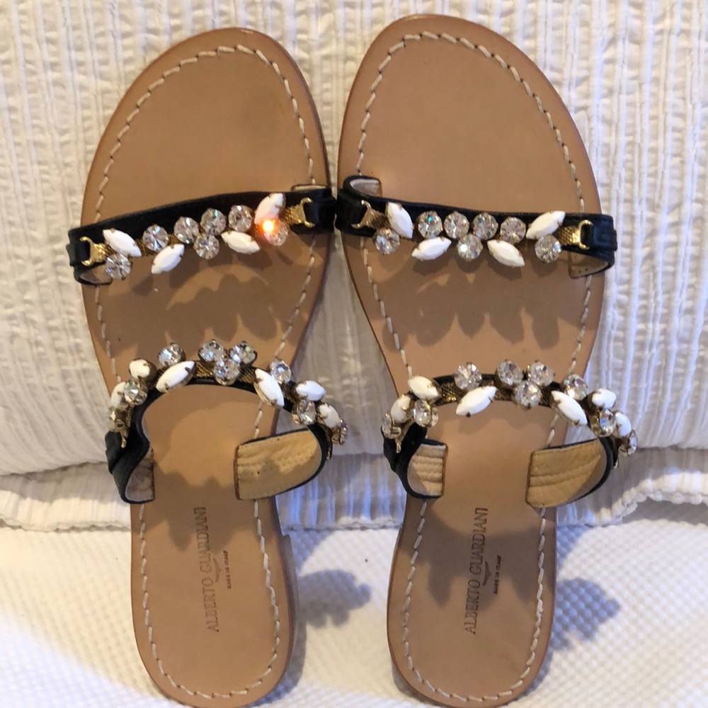 ALBERTO GUARDIANI Multi-Crystal Gold Black Leather Double Strap Slide Sandals